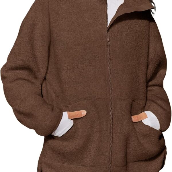 Women's Full-Zip Longline Fleece Jacket — Loose-Fit Sweatshirt, Stand-Collar Winter Coat, Warm Outerwear